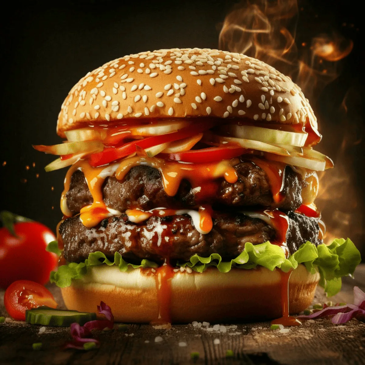 Классический бургер — котлета из говядины, салат айсберг, томат, лук и фирменный соус